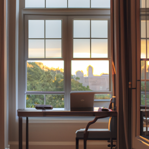Organized home office bathed in morning light overlooking Central Park