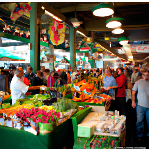 Fresh market with vibrant produce in downtown Seattle