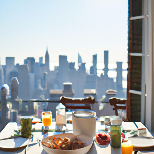 Organized breakfast table with a view of Manhattan