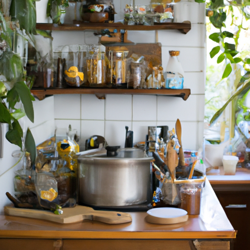 Sustainable zero-waste kitchen and lush garden view