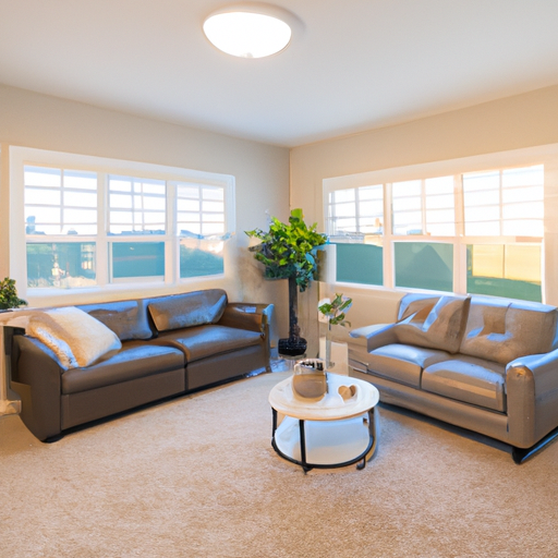 Organized living room with clear surfaces and natural light