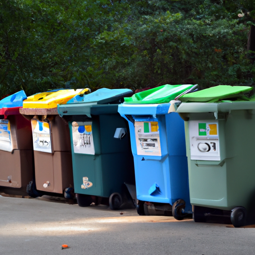 Sorted recyclables in color-coded bins at a sunny park