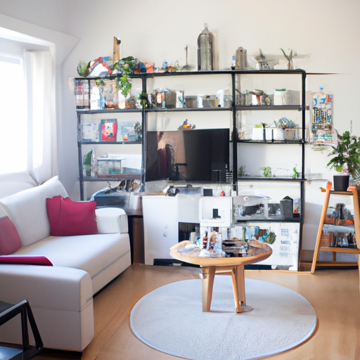 Well-organized living room with space-saving shelves and furniture