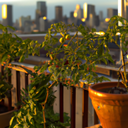 Balcony garden with tomatoes and ivy against NYC skyline.