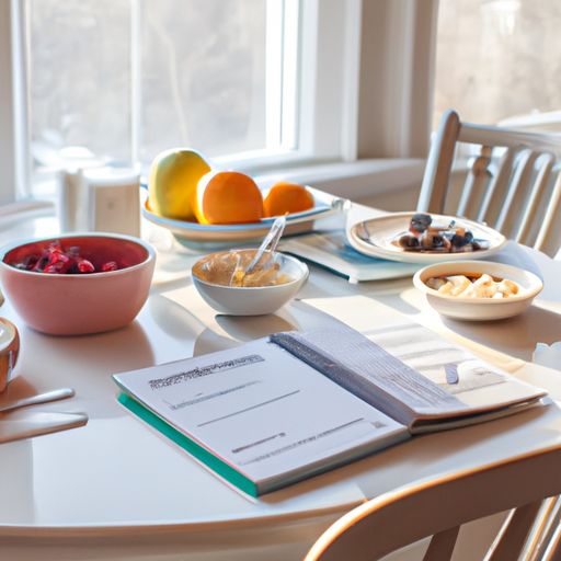 Organized breakfast table with meal and planner.