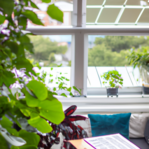 Eco-friendly living room with green plants and solar panels