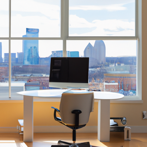 Modern home office with city view, designed for productivity.