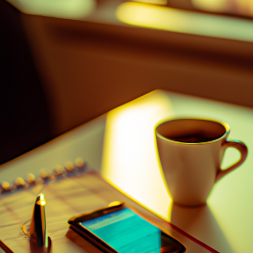 Organized desk with coffee, notebook, and phone in soft morning light