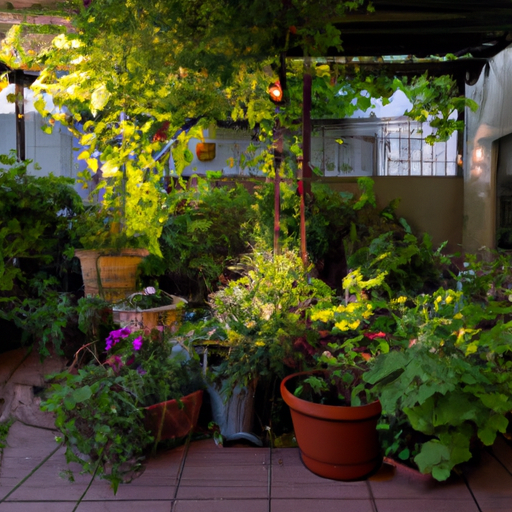 Lush urban garden at dawn with potted plants and hanging baskets