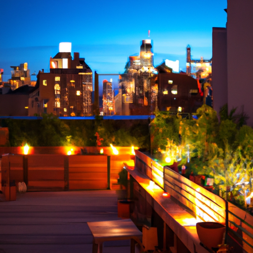 Rooftop garden in the evening with New York City backdrop