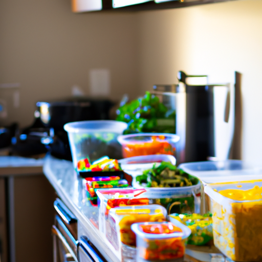 Colorful veggies on a kitchen counter with meal containers.