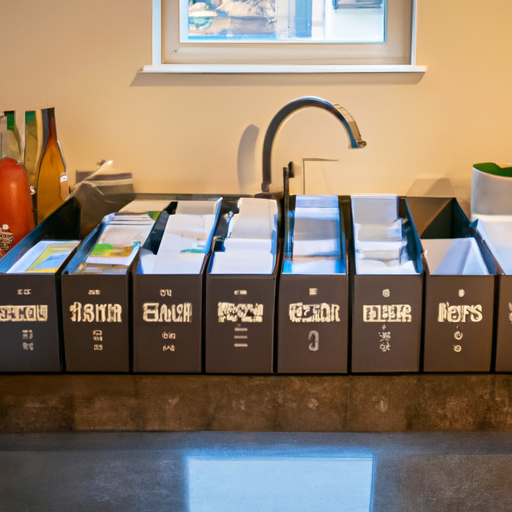 Home recycling station with labeled bins for plastic, glass, and paper.