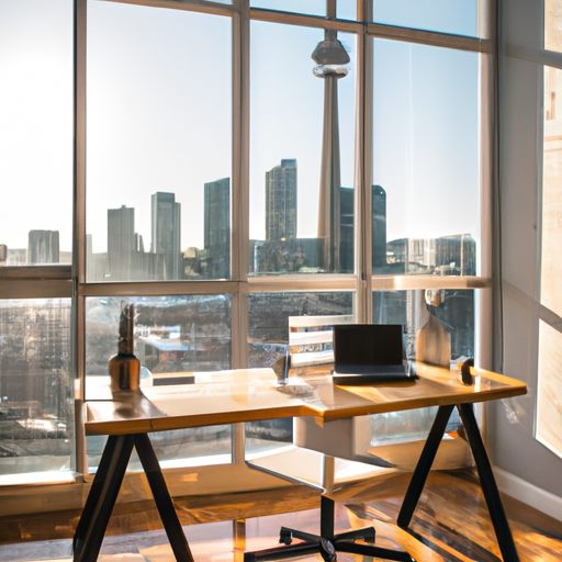 Sunlit home office with a view of the CN Tower