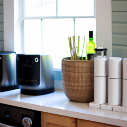 Eco-friendly kitchen with recycling and energy-saving appliances.